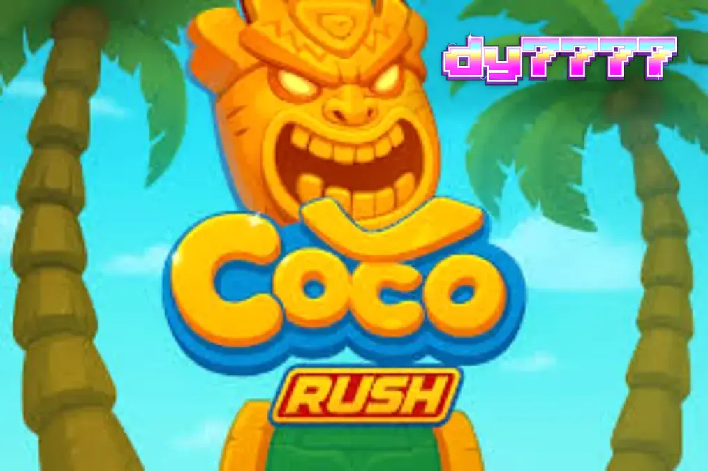 Pemandangan tropis yang cerah dengan gulungan slot Coco Rush di latar depan